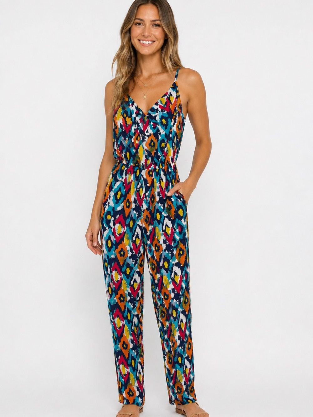 Emily Wonder Colorful Abstract Print Full Length Jumpsuit NWT